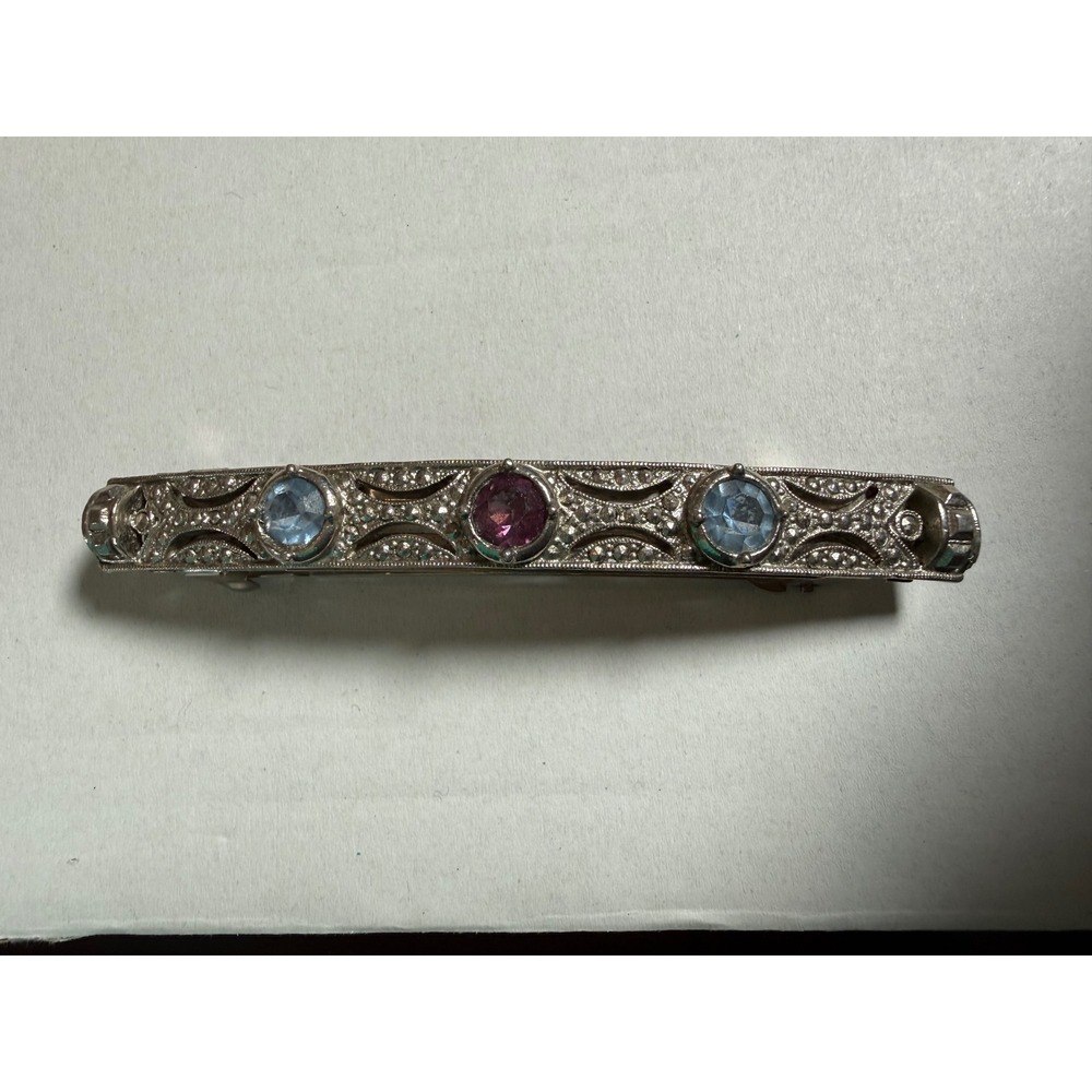 Vintage Made in France Silver Tone Filigree Hair Barrette Blue Purple